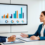 A confident female HR Strategic Partner wearing a tailored, professional business suit (jacket and trousers), fully buttoned, in a neutral color. She stands in a bright, modern office boardroom with a large screen displaying abstract data visualizations (charts and graphs), gesturing towards the screen while engaged in a discussion. A diverse group of professional colleagues (male and female, fully clothed in business attire) are seated at a sleek conference table, attentively listening. Professional photography, high resolution, realistic, perfect anatomy, correct proportions, natural pose, well-formed hands, proper finger count, natural body proportions, safe for work, appropriate content, fully clothed, professional dress, modest clothing, family-friendly.