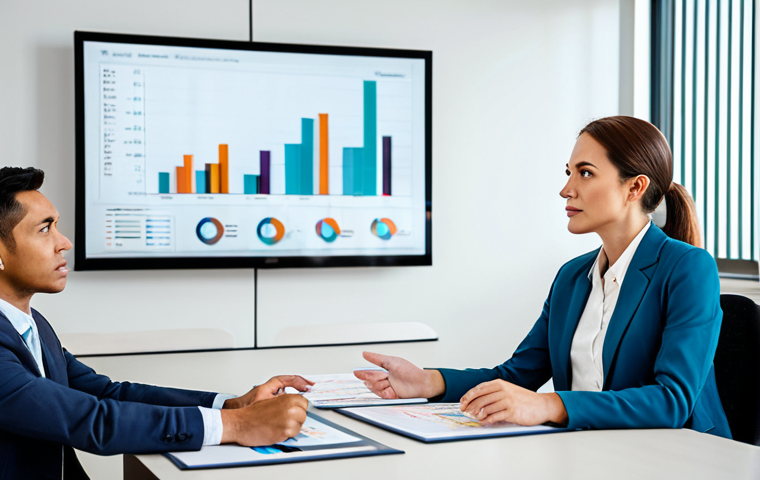 A confident female HR Strategic Partner wearing a tailored, professional business suit (jacket and trousers), fully buttoned, in a neutral color. She stands in a bright, modern office boardroom with a large screen displaying abstract data visualizations (charts and graphs), gesturing towards the screen while engaged in a discussion. A diverse group of professional colleagues (male and female, fully clothed in business attire) are seated at a sleek conference table, attentively listening. Professional photography, high resolution, realistic, perfect anatomy, correct proportions, natural pose, well-formed hands, proper finger count, natural body proportions, safe for work, appropriate content, fully clothed, professional dress, modest clothing, family-friendly.