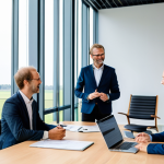 A group of professional Dutch business leaders in a modern, sustainably designed office space, engaging in a collaborative discussion about the future of green energy and economic policy. Solar panels and windmills are subtly visible through a large window in the background, symbolizing sustainable innovation. All individuals are fully clothed in appropriate business attire, maintaining a natural pose and demonstrating perfect anatomy with correct proportions and well-formed hands. The image conveys a sense of forward-thinking strategy and responsible growth, appropriate content, safe for work, professional photography, high quality.