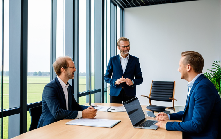 A group of professional Dutch business leaders in a modern, sustainably designed office space, engaging in a collaborative discussion about the future of green energy and economic policy. Solar panels and windmills are subtly visible through a large window in the background, symbolizing sustainable innovation. All individuals are fully clothed in appropriate business attire, maintaining a natural pose and demonstrating perfect anatomy with correct proportions and well-formed hands. The image conveys a sense of forward-thinking strategy and responsible growth, appropriate content, safe for work, professional photography, high quality.