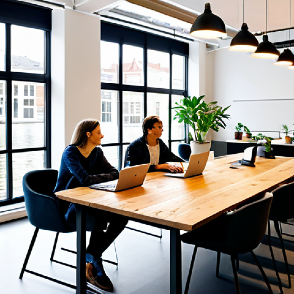 Collaborative Workspace**

"A bright and airy modern office space in Amsterdam, featuring a diverse team of professionals collaborating around a large wooden table, fully clothed in smart-casual attire, brainstorming ideas with laptops and notebooks, large windows overlooking a canal, potted plants adding a touch of nature, safe for work, appropriate content, perfect anatomy, correct proportions, professional, family-friendly, high-resolution, realistic."

**