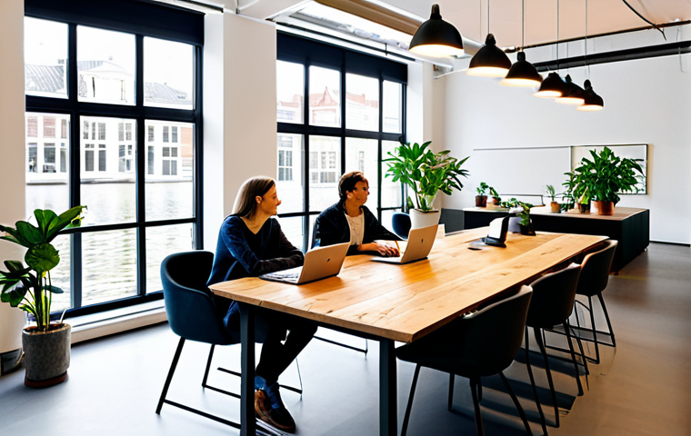 Collaborative Workspace**

"A bright and airy modern office space in Amsterdam, featuring a diverse team of professionals collaborating around a large wooden table, fully clothed in smart-casual attire, brainstorming ideas with laptops and notebooks, large windows overlooking a canal, potted plants adding a touch of nature, safe for work, appropriate content, perfect anatomy, correct proportions, professional, family-friendly, high-resolution, realistic."

**