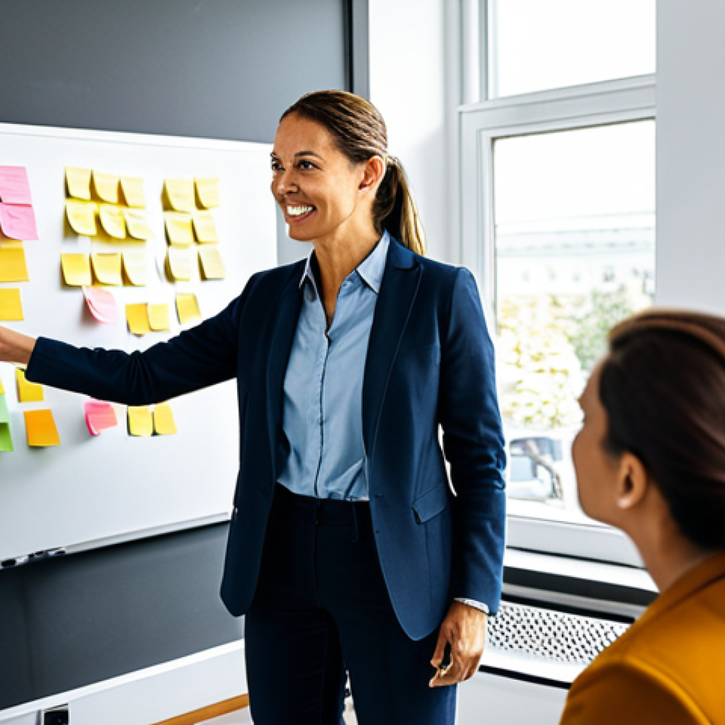 Agile Leadership in a Modern Office**

"A team of diverse professionals collaborating in a bright, modern office space. They are gathered around a whiteboard covered with sticky notes, engaged in a brainstorming session. The team leader, a confident woman in her late 30s, is facilitating the discussion with an encouraging expression. The atmosphere is energetic and collaborative. fully clothed, appropriate attire, safe for work, perfect anatomy, natural proportions, professional photography, high quality"

**