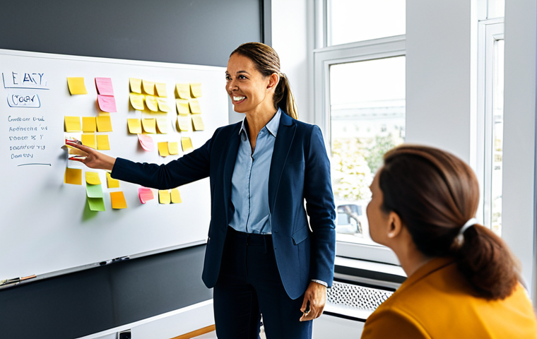 Agile Leadership in a Modern Office**

"A team of diverse professionals collaborating in a bright, modern office space. They are gathered around a whiteboard covered with sticky notes, engaged in a brainstorming session. The team leader, a confident woman in her late 30s, is facilitating the discussion with an encouraging expression. The atmosphere is energetic and collaborative. fully clothed, appropriate attire, safe for work, perfect anatomy, natural proportions, professional photography, high quality"

**