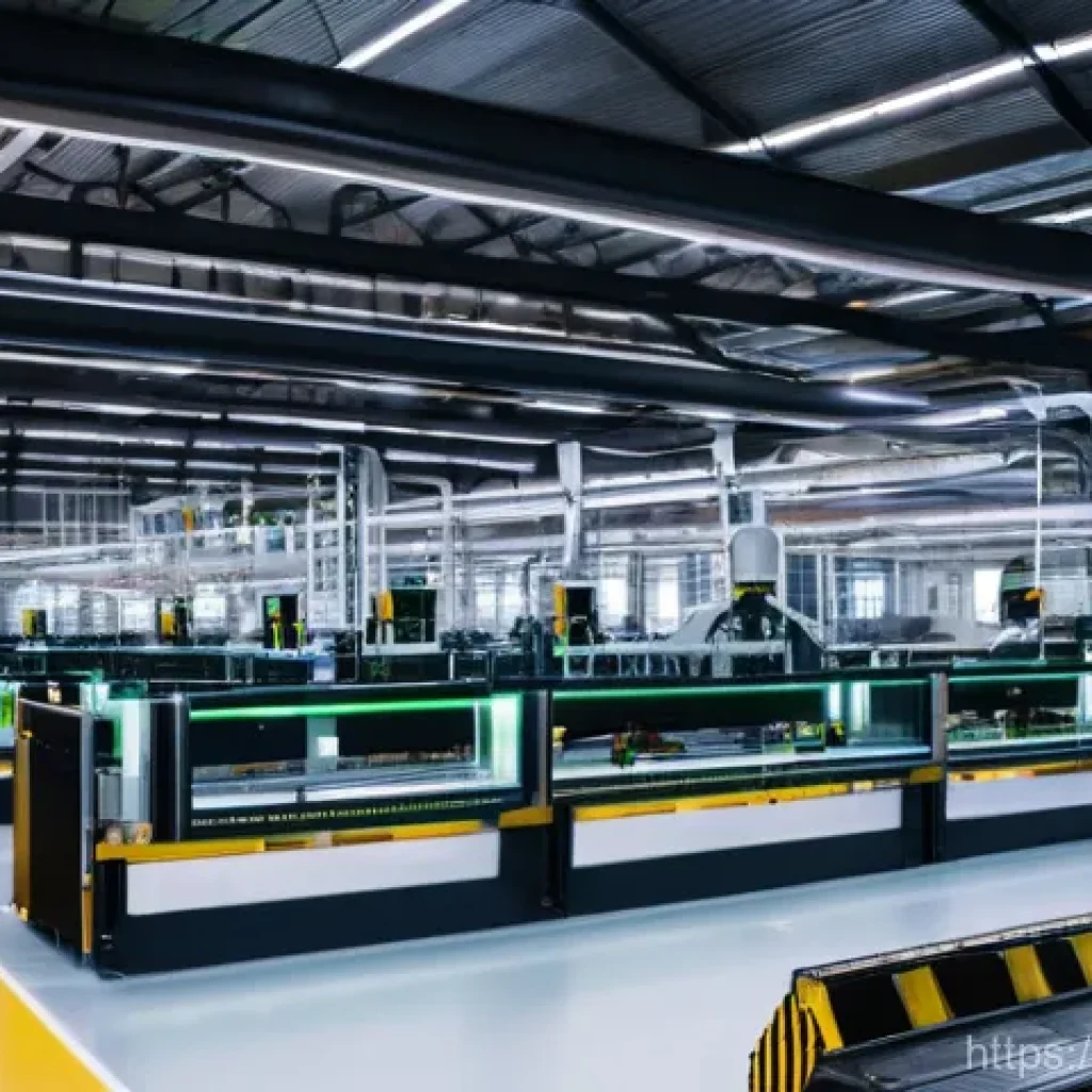 생산 관리 이론 - **Prompt:** A dynamic, brightly lit, and highly automated factory floor in the Netherlands. Sleek, r...