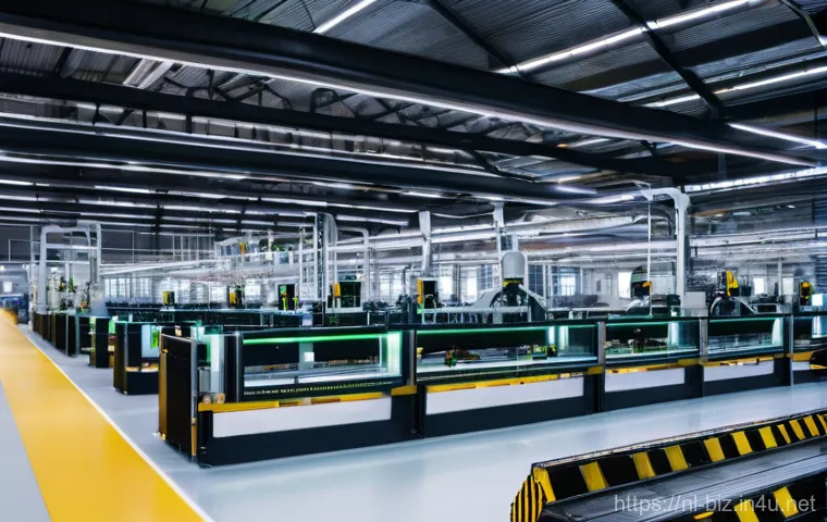 생산 관리 이론 - **Prompt:** A dynamic, brightly lit, and highly automated factory floor in the Netherlands. Sleek, r...
