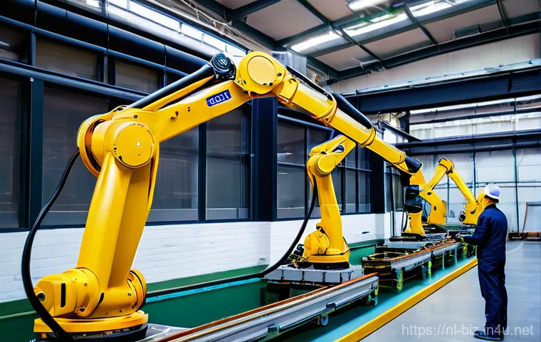 생산 관리 이론 - **Prompt:** A dynamic, brightly lit, and highly automated factory floor in the Netherlands. Sleek, r...