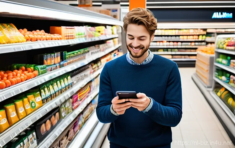 모바일 경제 - **Prompt: "A vibrant, clean interior of a modern Albert Heijn supermarket in the Netherlands. A smil...
