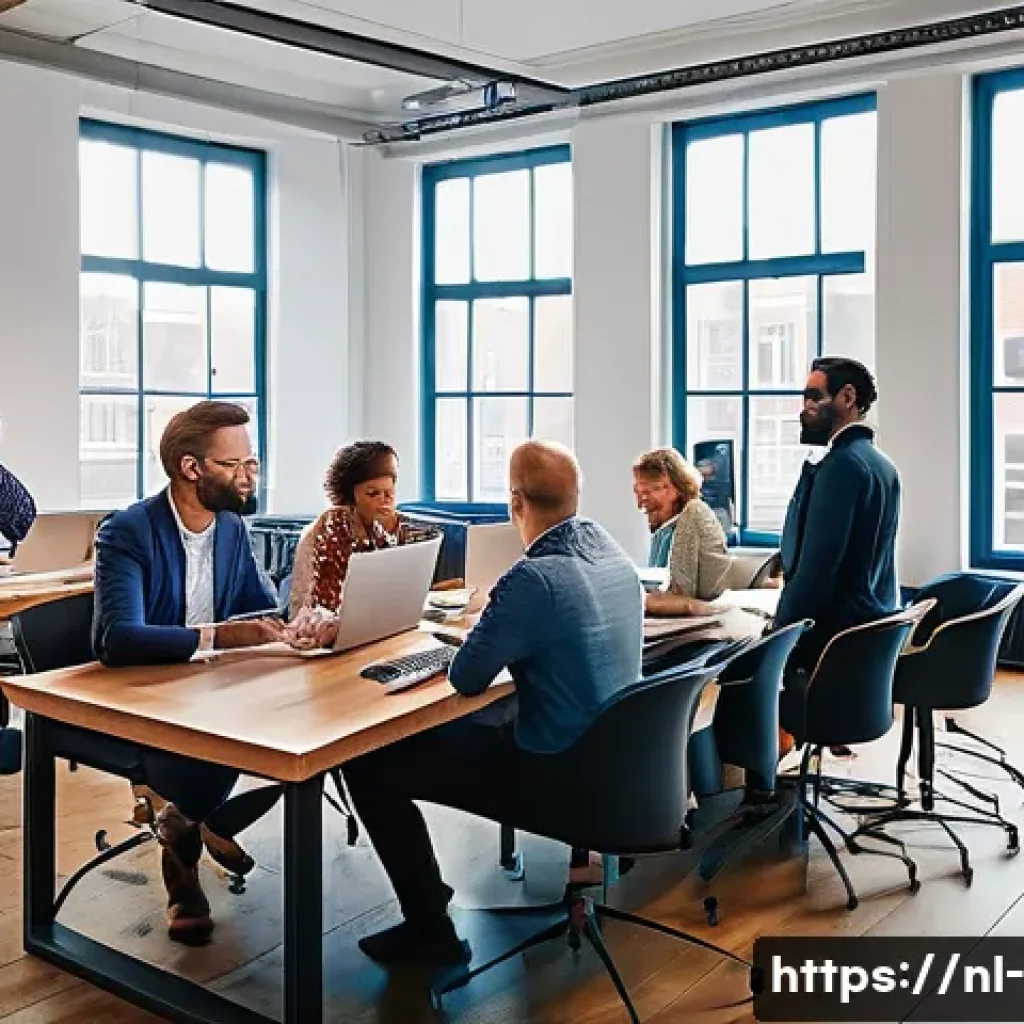 경영학에서 중요한 기술 - A modern Dutch office scene showing a diverse team engaged in a flexible work environment: people of...