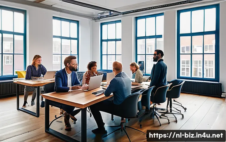 경영학에서 중요한 기술 - A modern Dutch office scene showing a diverse team engaged in a flexible work environment: people of...