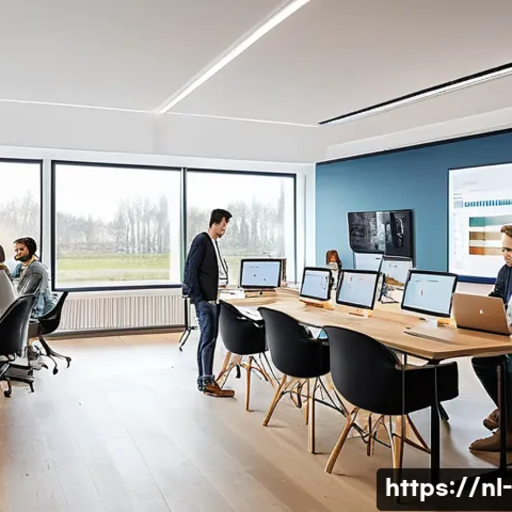 시장 경쟁 분석 - A modern Dutch office setting with a diverse team of professionals analyzing detailed market data on...