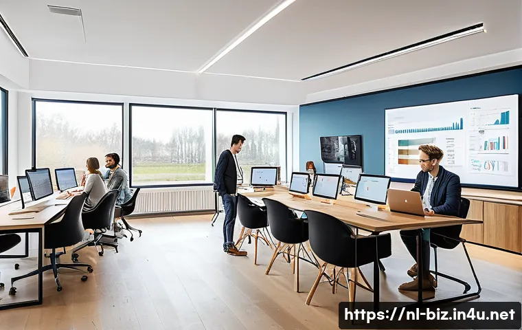 시장 경쟁 분석 - A modern Dutch office setting with a diverse team of professionals analyzing detailed market data on...