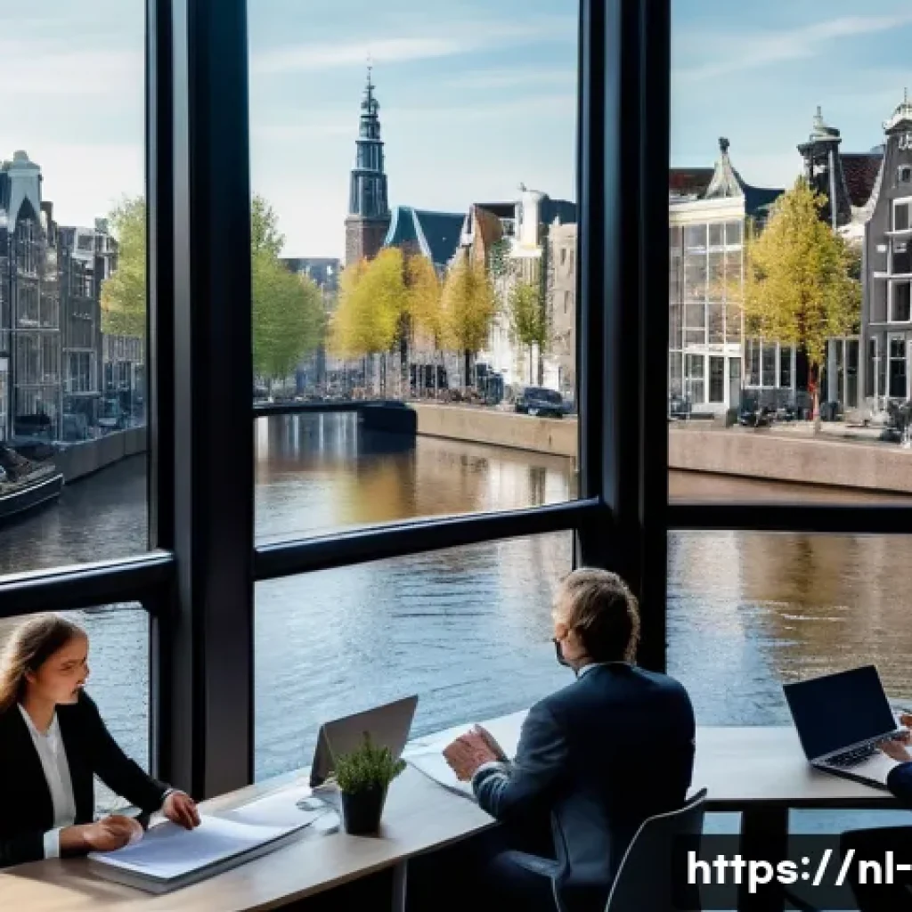 PEST 분석 - A modern Dutch office setting with a diverse team of business professionals actively engaged in a st...