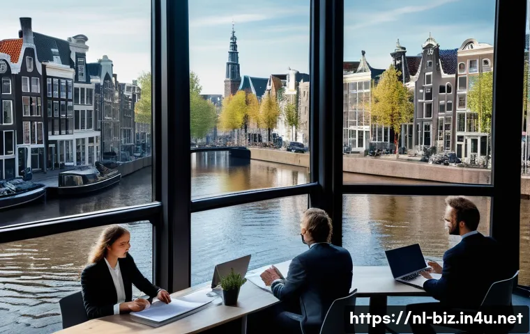 PEST 분석 - A modern Dutch office setting with a diverse team of business professionals actively engaged in a st...