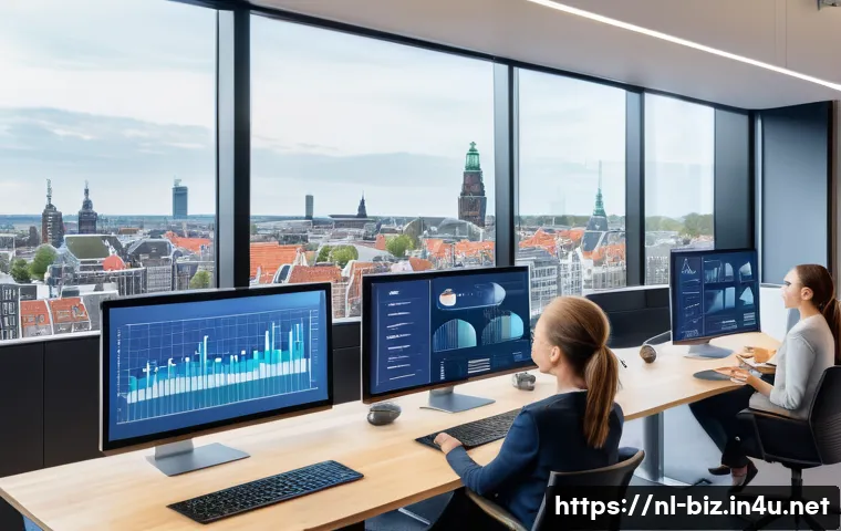 광고 캠페인 설계 - A modern Dutch marketing office scene with diverse professionals analyzing detailed customer persona...