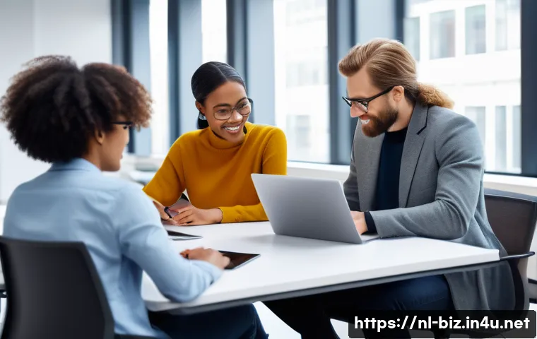 경영학의 정의 - A diverse professional team engaged in a dynamic office meeting, focused on clear and effective comm...