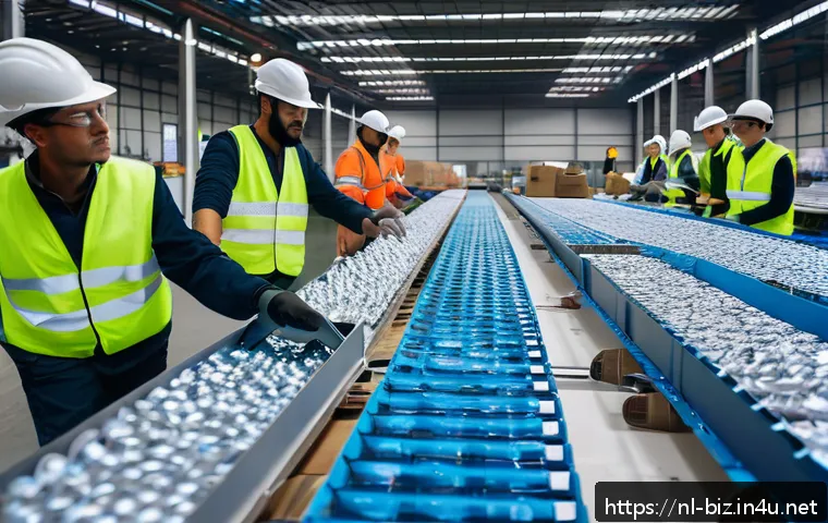 기업의 사회적 책임 - A modern Dutch recycling factory interior with workers wearing protective gear and casual clothing, ...