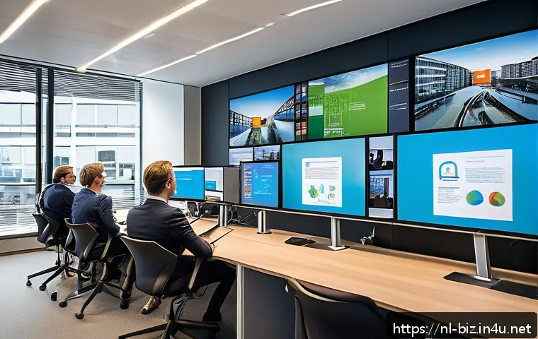 정보 보안 관리 - A modern Dutch office environment with diverse employees engaged in a cybersecurity awareness traini...