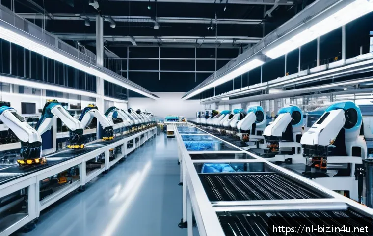 제조업 경쟁력 강화 - A modern Dutch manufacturing factory interior showcasing advanced automation and robotics on the pro...