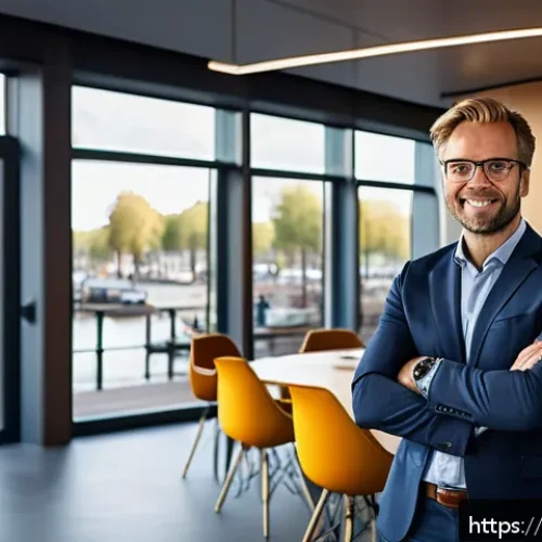 조직 리더십 스타일 - A confident business leader standing in a modern Dutch office environment, dressed in smart casual a...