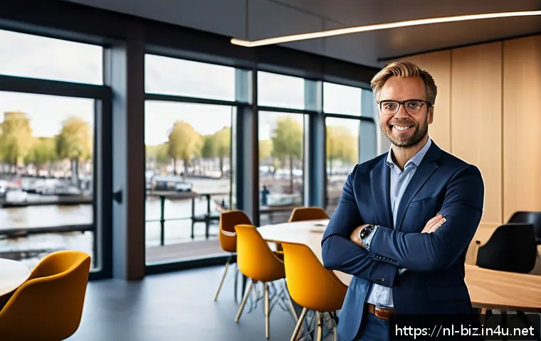 조직 리더십 스타일 - A confident business leader standing in a modern Dutch office environment, dressed in smart casual a...