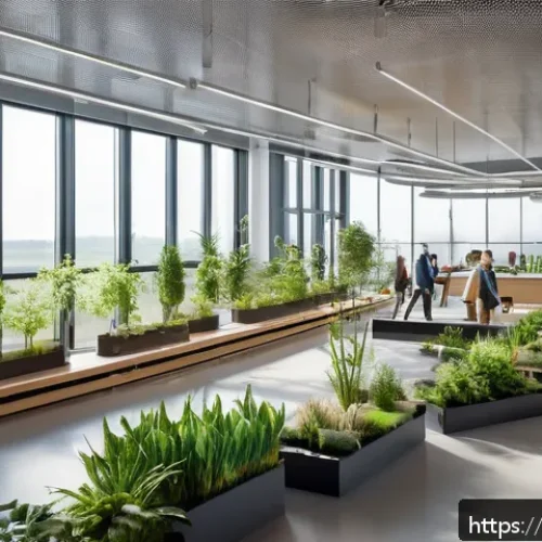 윤리 및 사회적 책임 - A modern Dutch corporate office with diverse employees collaborating in a bright, eco-friendly works...