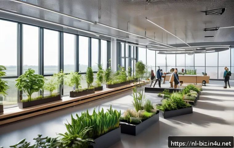 윤리 및 사회적 책임 - A modern Dutch corporate office with diverse employees collaborating in a bright, eco-friendly works...