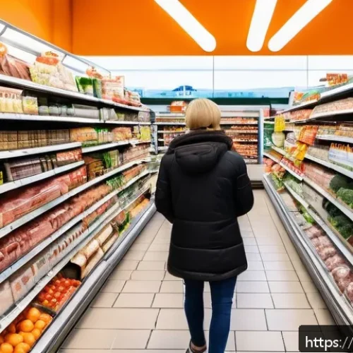 거시 경제학 - A detailed supermarket scene in the Netherlands showing a diverse group of shoppers comparing prices...