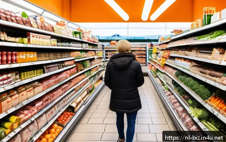 거시 경제학 - A detailed supermarket scene in the Netherlands showing a diverse group of shoppers comparing prices...