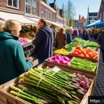 미시 경제학 - A vibrant Dutch farmers' market scene in springtime, featuring stalls filled with fresh seasonal veg...