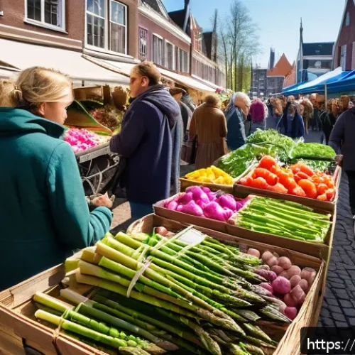 미시 경제학 - A vibrant Dutch farmers' market scene in springtime, featuring stalls filled with fresh seasonal veg...
