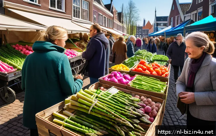 미시 경제학 - A vibrant Dutch farmers' market scene in springtime, featuring stalls filled with fresh seasonal veg...