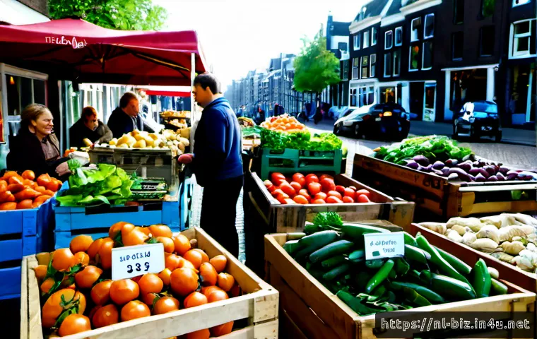Home 17 수요와 공급 분석 - Photorealistic Dutch market supply and demand scene, a cheerful Amsterdam-style open-air produce sta...