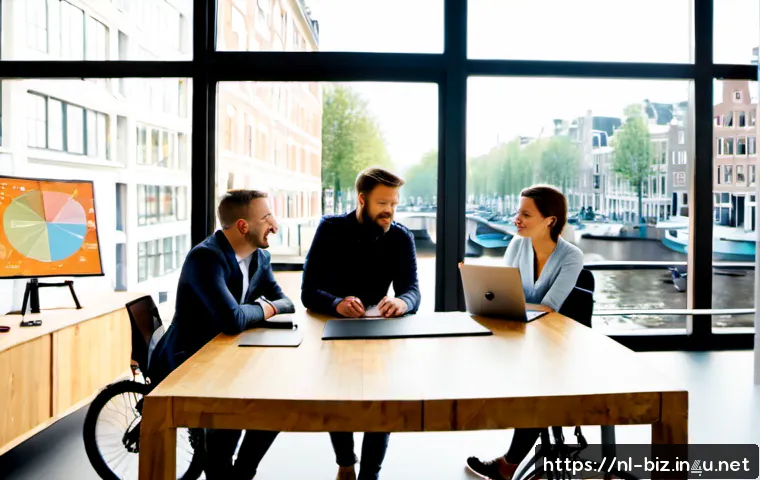 Home 17 글로벌 비즈니스 혁신 - Photorealistic global business innovation meeting in a bright Amsterdam canal-side office, diverse E...
