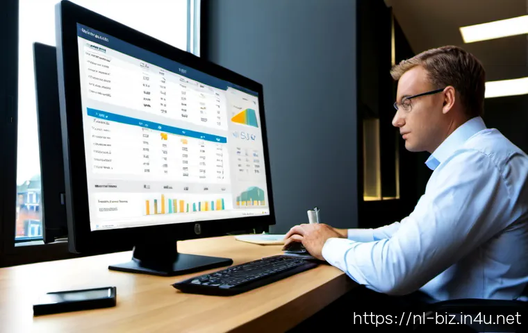 ERP 시스템 - Photorealistic Dutch small-business office, a middle-aged manager and accountant reviewing a clean e...